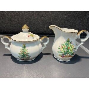 Vintage Lefton Christmas‎ Tree Sugar & Creamer Set Gold Trim #1659 RARE